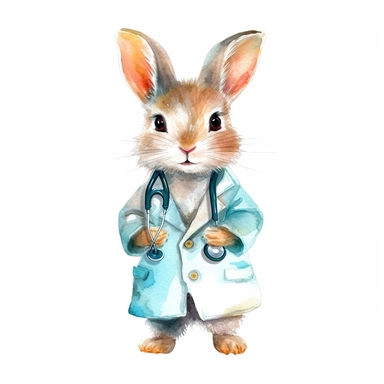 watercolor clipart, cute rabbit, wearing a stethoscope and a white coat, working as a veterinarian, watercolor style, realistic, bright colors, 300 dpi, 8k, white and clear background, high solution