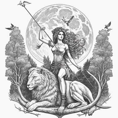 an epic statuesque Greek God Artemis, bow and arrow, lion companion, moonlit forest, clip art, tattoo design, fantasy, no color, elite, magical realism, highly detailed, full wide angle, full body, isolated on a tall all white background