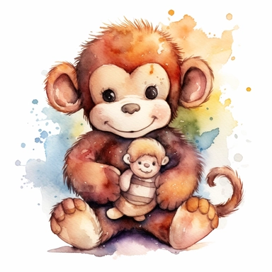 a captivating watercolor clipart image with a white background and white margins, featuring a cute sweet extremely happy stuffed monkey toy. The ultra-detailed, hand-drawn elements capture the details. Use vibrant shades of various colors to create a visually appealing image