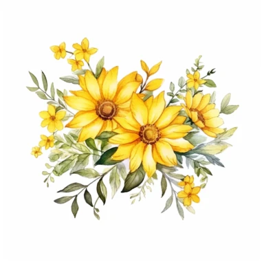 watercolor Sunshine Yellow floral line for decoration, style of Pierre-joseph redoute, png, clipart, hd, contour white outline, isolated on white background