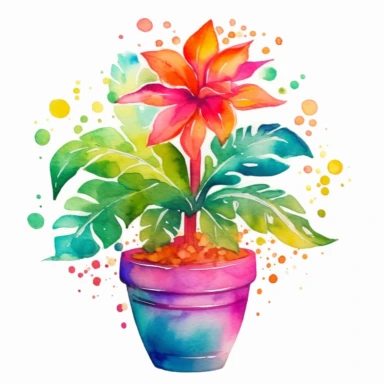 A vibrant watercolor clipart image capturing the beauty of a house plant in full bloom. The plant's lush green leaves and delicate flowers are depicted with bold brushstrokes and vivid colors, emanating a sense of energy and vibrancy. The artwork showcases the plant in a decorative pot, adorned with intricate patterns and vibrant hues. This captivating clipart is perfect for designs that aim to celebrate the beauty of nature, infusing them with a burst of natural freshness and joy. /clipart