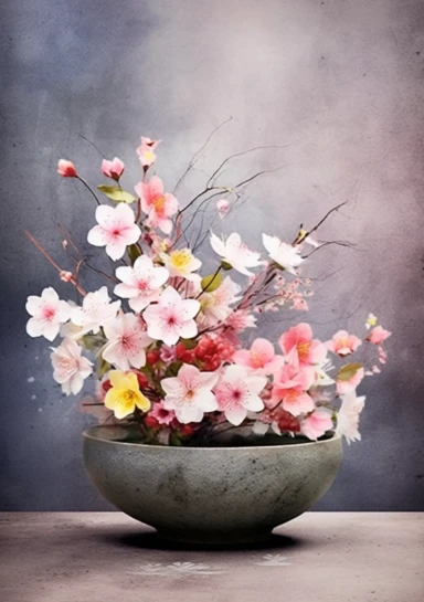 Bouquet of beautiful flowers in a Zen garden stone bowl - Japanese Serenity: Cherry Blossoms (Japan), Lotus (India), Chrysanthemums (China) - artistic watercolor clipart