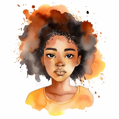 watercolor pretty mixed african american teen girl painting clipart, hd, on white background, spaced out--ar 3:2--s 1000