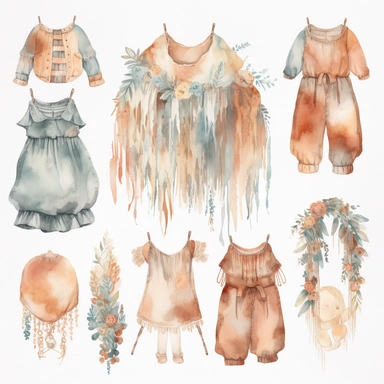 *Design a watercolor clipart featuring bohemian-style baby cloth such as flowy dress, romper, and fringed vest. Use earthy tones and delicate lines to capture the free-spirited vibe, white background