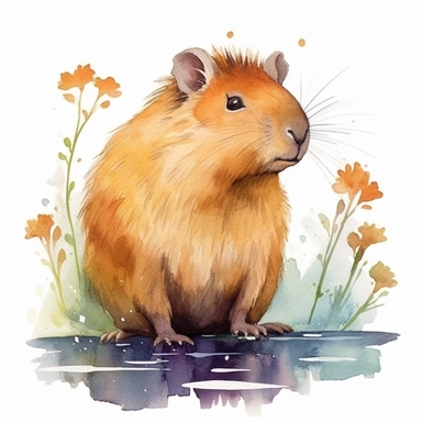 watercolour clipart of a capybara animal , the sweet and scatterbrained dreamer, with a great sense of humor. She immerses herself in the world of digital design, creating exquisite papers for scrapbook albums. Though she may often forget things, her delicate touch and gentle nature shine through her artistry, make her smile and exalted mood, white background, high quality, 8k, f1