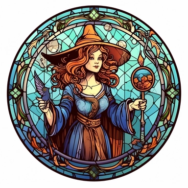 Vintage Colorful Beautiful Stained glass Witch Sublimation Clipart,Cartoon, hyper realistic, intricate detail, illustration style,high solution,on the white background