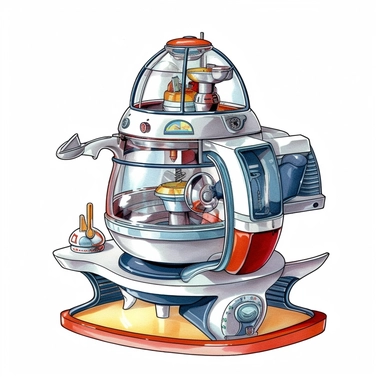 watercolor and ink styling, retro futuristic space age kitchen blender, clipart on plain white background, 50s vibes, super high detail ultra precision 16k HD, clean crisp brushwork, painted by Beatrix Potter