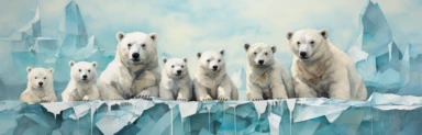 a line of cute miniature polar bear cubs on an iceberg, a collage of mixed media art made with tissue paper, magazine and newspaper clippings, oil paint, graphite pencil lines and fabric, in the style of playful surrealism, whimsical, washi tape