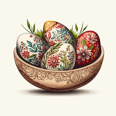 funny drawn sketch easter eggs with romanian traditional pattern inside a wooden bowl on white background, artistic painting, easter scene, add some spring leaves, add some flowers, add some pattern, spring red shades, watercolor, Michelangelo style, clipart, 2d, sketch style, no text, no logo