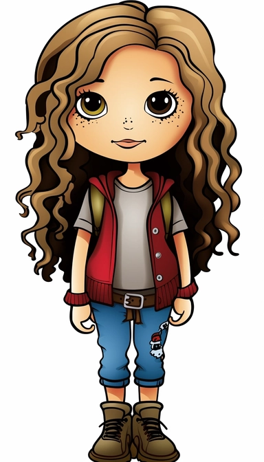 a little girl doll style, fashion clothes, black contour, sneaker, long curly hair, cartoon character, clipart, big eyes, disney, sarah kay,