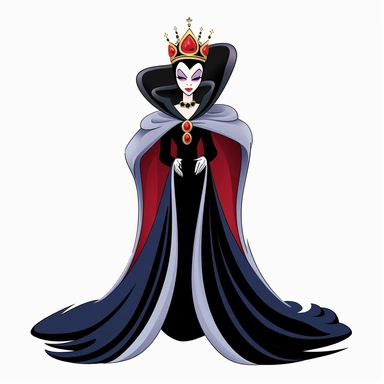 2d thick-lined clipart illustration of an evil but beautiful countess, in the style of 1959's sleeping beauty movie, white background