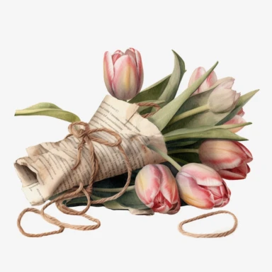 watercolor white and pink tulips wrapped in an old french newspaper, newspaper tied with string clipart, no background, 4K