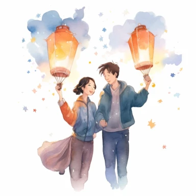 happy COUPLE, releasing lanterns into the night sky, sending their wishes and dreams aloft, watercolor, Pixar style, Clipart on a white background