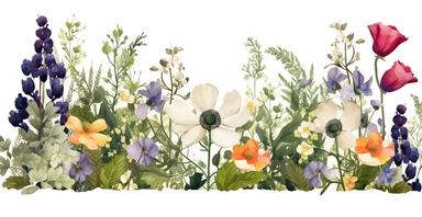 Pressed boho cottagecore snapdragon, cosmos, lupine, anemone and columbine floral border wildflowers with green foliages floral nature garden border, clipart with white background