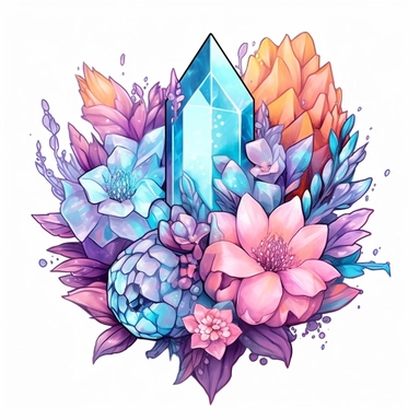 Cute Beautiful Pastel Magic Crystals Flowers Sublimation Clipart, very detailed ,Cartoon,hyper realistic, intricate detail, illustration style,high solution,on the white background