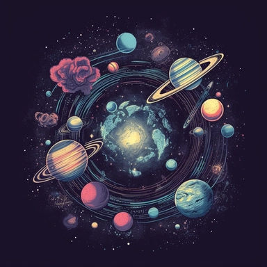 t-shirt design, Futuristic, minimalistic, Deep blues, purples, and blacks with hints of metallic silver or gold, A vast, starry space with planets, galaxies, and spaceships, Mysterious, awe-inspiring, and adventurous, hd, isoleted on white background, png, clipart, with border, stroke