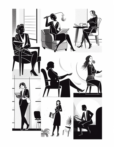 a series of black and white illustrations with border, clipart images that inspire and uplift. The images should feature women in various empowering scenarios, such as leading a business meeting, practicing self-care, or achieving a personal goal. The style should be clean and minimalist, and easy to color in. The composition should be dynamic and engaging, with each image capturing a moment of triumph or self-realization. The lighting should be bright and optimistic, illuminating the subjects w