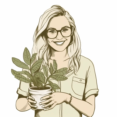 A HAPPY Young Woman WITH GLASSES AND blond hair Holding PLANTS Clipart in the style of hand-drawn, clean lines on a white background