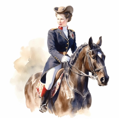 A stunning portrait of Princess Anne in her full equestrian attire, highlighting her passion for horse riding, Clipart, watercolor, white background, intricate detail