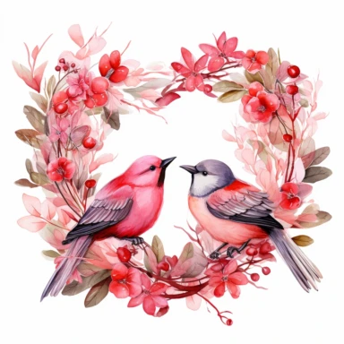 Romantic Clipart, Anniversary Celebration, Heart Wreath, Love Elements, Red and Pink Colors, Wedding Rings, Lovebirds, Watercolor, single design,