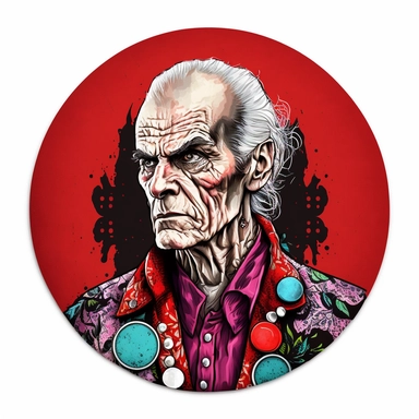 dignified strong elderly fighter in a smoking jacket, handpainted enamel punk fashion poster, clipart illustration, circle white background, circle border