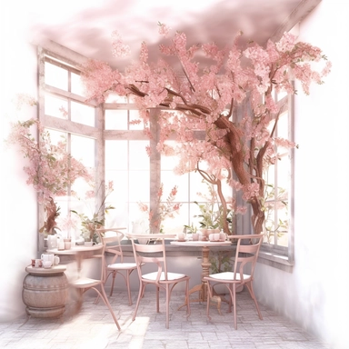 Commercial shot of illumination of realistic boho pastel pink french cozy cafe interior corner clipart, cute plants, spring sakura petals french cafe, with plants plants, high quality, intricate design, art nouveau style clipart witchcore dreamcore cottagecore white background no text, isolated on white, ghibli style, award winning