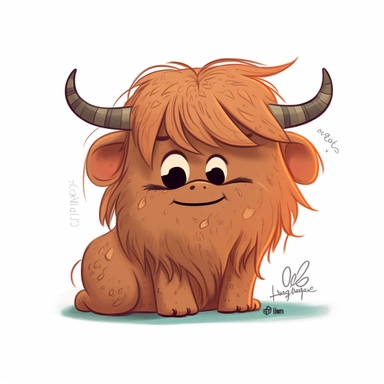 cute baby longhaired highland cows clipart that have a western feel drawn in Pixar style