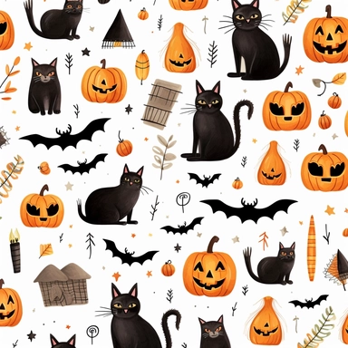 A pattern of halloween clipart on a white background, spooky, bats, cauldron, broom, black cat, pumpkin