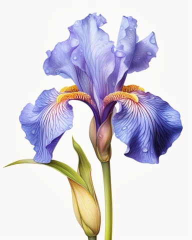 clipart drawing of Iris flower. vibrant, vivid, hyper realistic petal and leaves