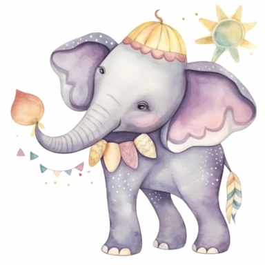 One cute decorated circus elephant clipart, style as seen on Etsy. Cartoonish appearance with exaggerated body proportions, but atomically correct limb positions and number. Perfect for decorating a baby's nursery. Varied bright pastel watercolors, loose, gestural brush strokes. Dreamy, ethereal, lively, playful. Lots of cute details, such as stars, balloons, drums, hats, flags and unicycles. Decorative patterns, like polka dots, stripes and floral designs. Enchanting, whimsical, heartwarming, t