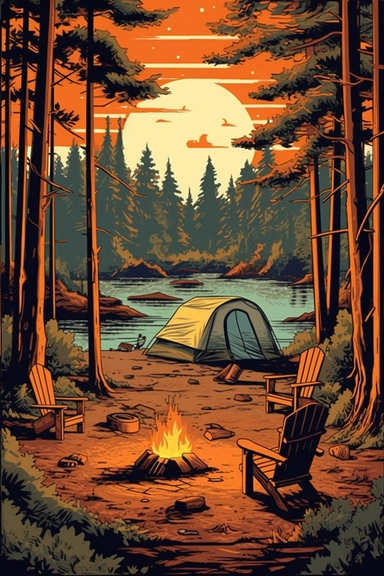 camping scene with campfire, chairs, and tent in the woods during the summer months. vector clip art illustration, detailed, rustic