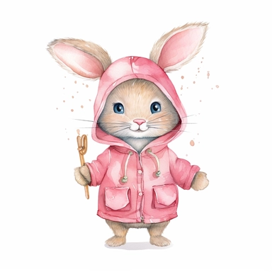 Watercolor svg clipart of a cute cartoon adorable Peter rabbit kawaii animal, illustration by Beatrix potter , pastel pink jacket, png isolated on white background