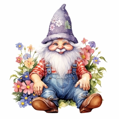 the most cute whimsical gnome, with hat over eyes, wearing a summer flowers hat and poulaines shoes, hands in his pockets, sitting, clipart, white background with margins