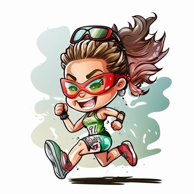 a watercolor painting of chibi Triathlete girl running, wearing a triathlon gear, with athletic outfits, full body, smiling, Sport graphics, action clipart, 8k, watercolor, light colors, isolated on white background, 3d