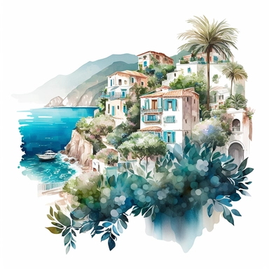 beautiful watercolor clipart of a Mediterranean scene with white village houses and the seascape in the summertime, warm summer aqua blue and white hues, compositions on an isolated white background. Bright landscapes illustrations, highly detailed