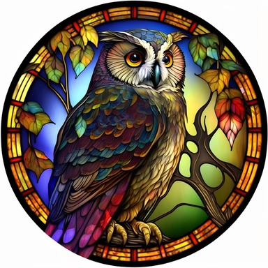 stained glass round window, owl close up, clipart, vivid colors