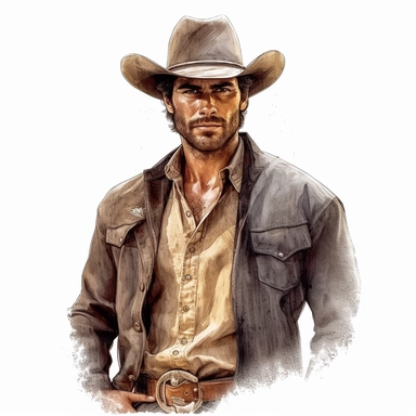 beautiful stunning handsome vintage cowboy man, tarot style, paint art style, clipart, white background, superrealistic, one of a kind