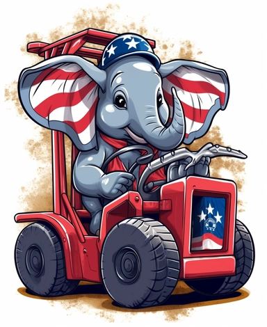 Showcasing a cartoon elephant as a forklift operator, with the design incorporating elements inspired by the American flag, maintaining a patriotic feel. The overall design can appear polished and poignant, with the elephant proudly operating the forklift, that can be used as a sticker, colorful, highly detailed, with a white background, in the style of Pixar clipart, and no cut off edges.