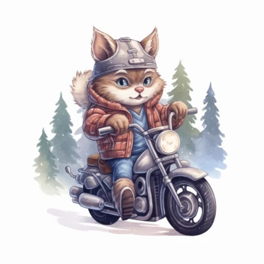 A clipart of a cute cat in a leather jacket driving a motorcycle. White Background with snow and large trees. soft lighting.