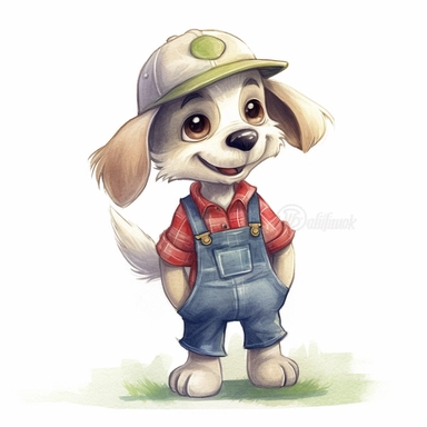 Cute anthropomorphic puppy wearing a red plaid vest and a gray cap, paired with blue denim overalls and brown boots clipart,hand hold gardening gloves,smile expression,standing pose dynamically, front side view, in the style of watercolor cartoon clipart, beatrix potter style,pixar style, high resolution, composition free space, pastel color scheme, soft and tender, watercolour clipart, watercolor illlustration for kids and children,isolated white background, clipart most popular on etsy, book i
