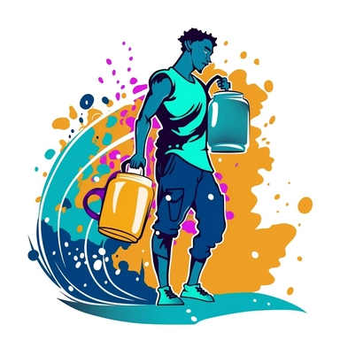 afro aquarius zodiac carrying large water jug on his shoulder and pouring the water into a large puddle of water in the style of colorful splatter graffiti pouring water from his shoulder, sticker, clipart, vector, contour, colorful messy paint, white background