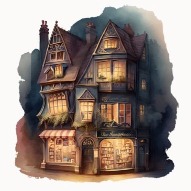 A cozy watercolor clipart image of an old fairy bookstore with intricate details in various angles, night-time lighting, enchanting lighting, various styles of buildings and european cultures,neutral and muted tones, delicate subtle colors