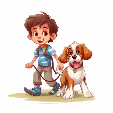 cartoon, clipart, stock photography, white background, vector, kid walking a dog