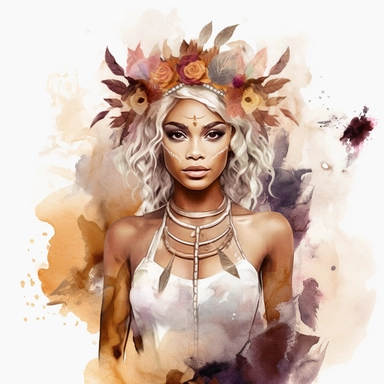 boho fantasy female elf african American clipart with pointy ears, beautiful, gold, white and, ash hair with beautiful glittery clothing in deep burgundy, white, rose gold , and splashy watercolour background
