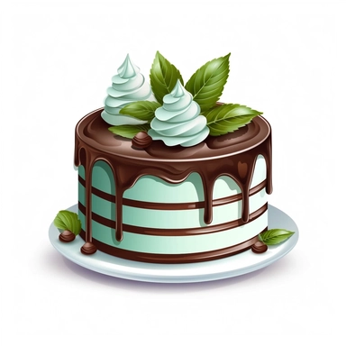 Create a clipart image of a chocolate mint birthday cake white background. Showcase a chocolate cake layered with mint-flavored buttercream frosting and garnished with chocolate mint leaves.
