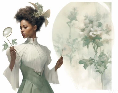 mint green pastel vector clipart african american mrs, in the style of dark white and light emerald, victorian-inspired illustrations, detailed botanical studies, nick alm, jeannette guichard-bunel, sterling silver highlights, hand-painted details
