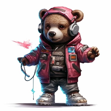 clipart of a Teddy bear wearing a tracksuit, with a dollar sign necklace and a boombox on its shoulder, white background, in the style of cyberpunk realism, street style, ultra hd, Leica m6