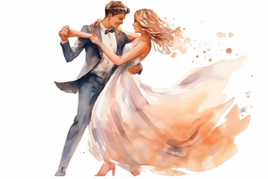 Watercolor bride and groom dance, wedding dance, simple, soft colors, cartoon elements, watercolor boho style, clipart, white transparent