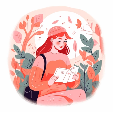 vector design, image of a woman, taking her final education exam with a book, flat modern illustration, clipart, white background, nature study, in the style of warm color palette, natural pastel colors, orange and pink prevail, object portraiture specialist, animated illustrations, by atey ghailan