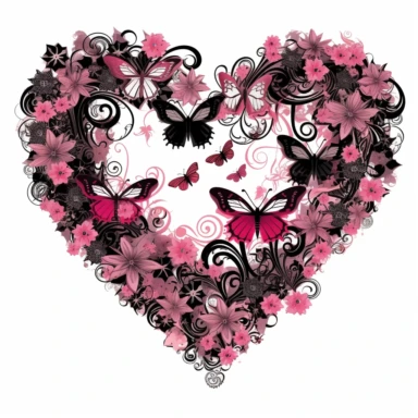 clipart style image of a hollow heart shape made up of flowers and butterflies in shades of pink and black